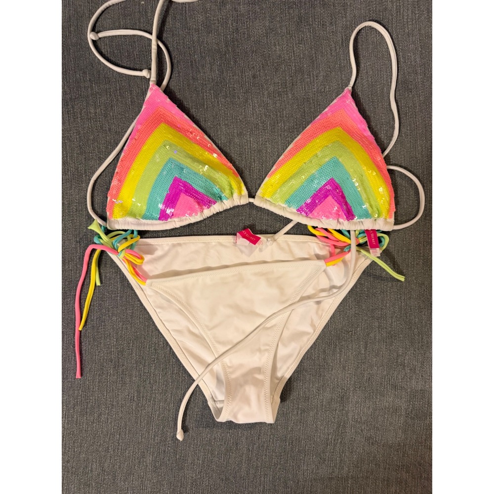 Vintage Victoria's Secret Y2K Rainbow Sequin Chevron Bikini Set L‎ Top S Bottom